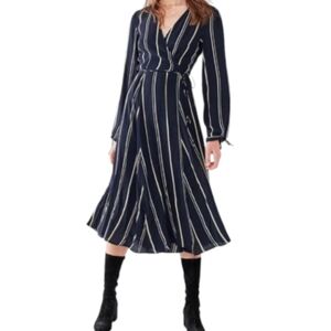 NWT Urban Outfitters Audrey Striped Midi Wrap Dress Longsleeve Navy Blue Sz M
